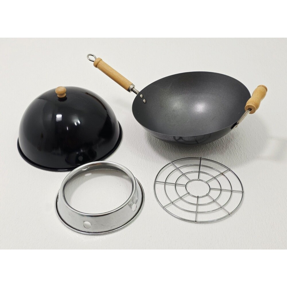 Vintage The Cook's Bazaar 9" Black Wok Set Lid Rack Ring Wood Handles Taiwan